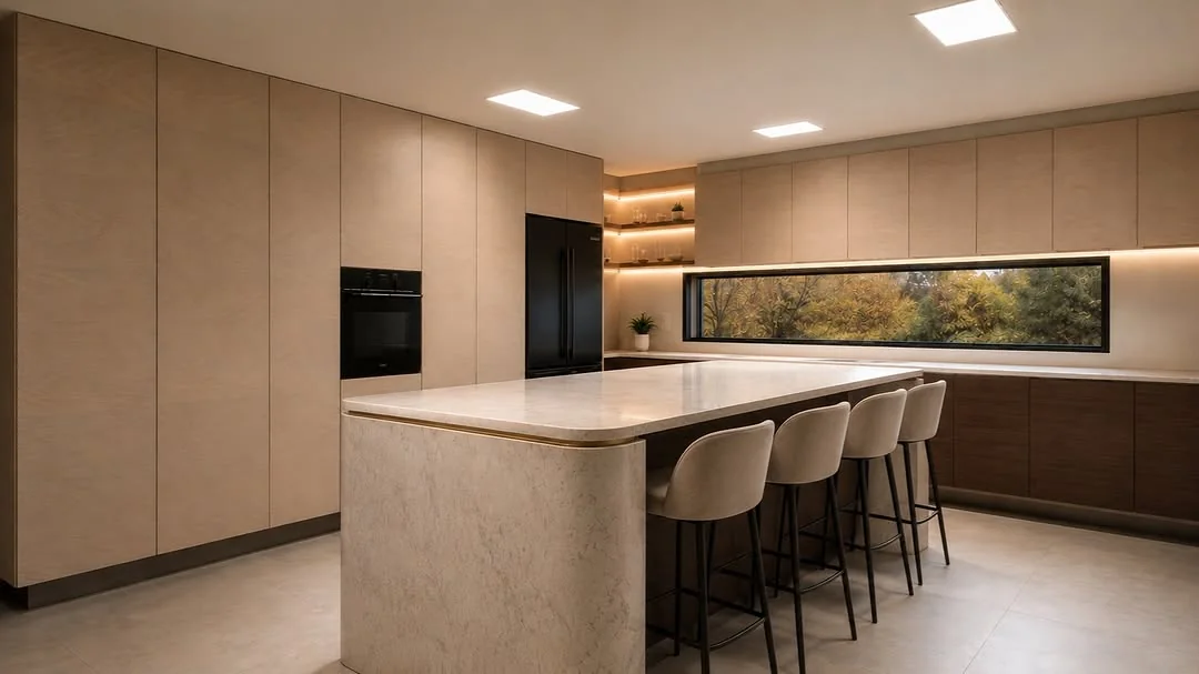Stone island with a curved end and four bar stools under recessed lights