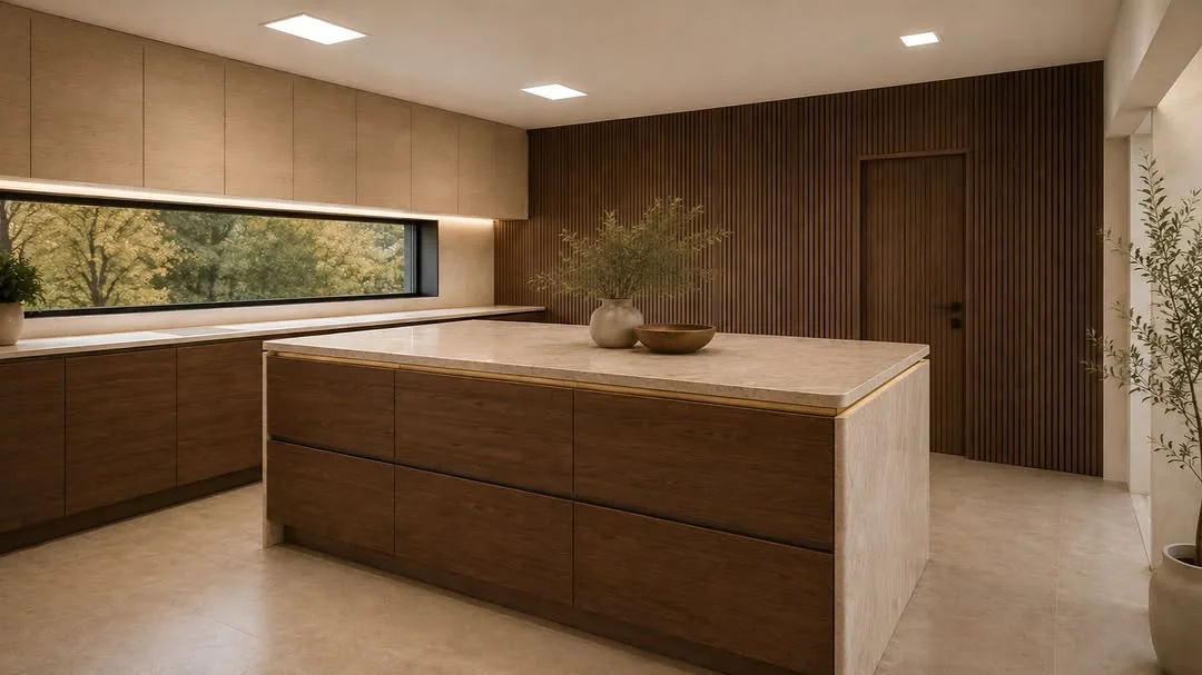 Walnut island with stone top beside full-height sand cupboards and a walnut panelled wall