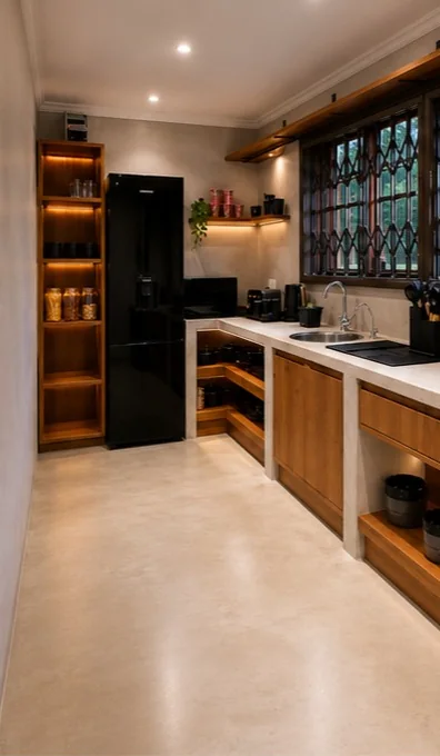 Lit oak pantry shelving beside a black fridge and cement counter